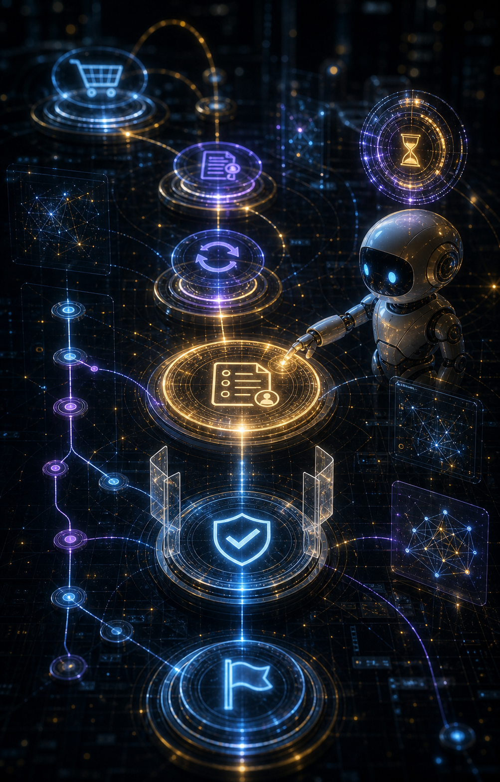 A premium AI work graph showing task checkout and verification flow
